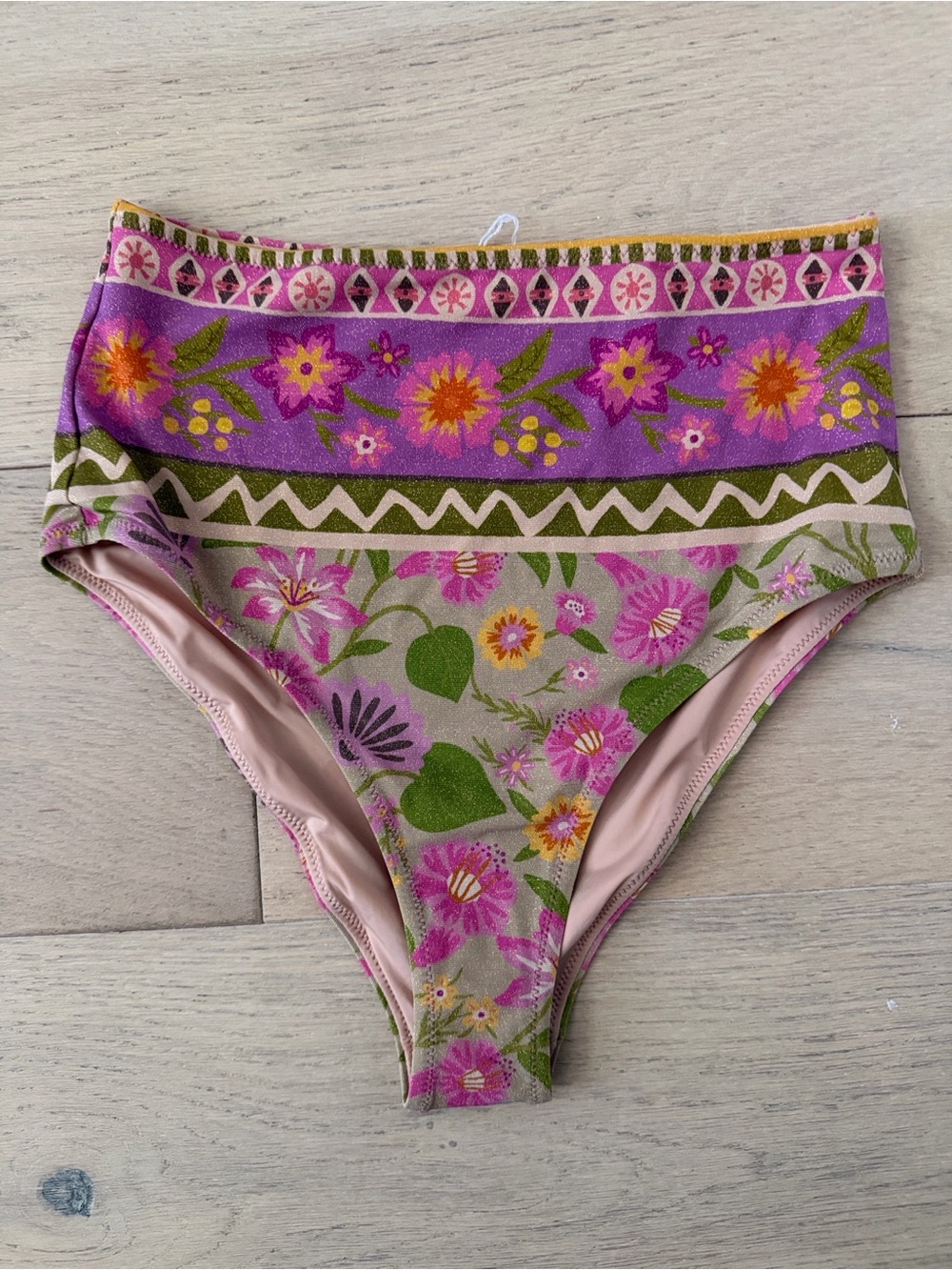NWOT Spell Goldie Shimmer Pink Floral High-Waist Bikini Bottoms size M - Picture 4 of 7